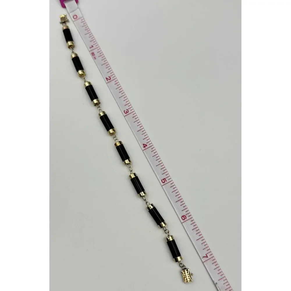 Heng Ngai HN 14k Gold‎ Onyx Cylinder Link Box Clasp Bracelet Estate Jewelry